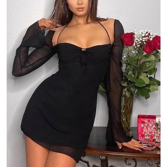 House of CB BabyDoll Black Chiffon Halter Mini Dress Size L+ and Bigger Cup - Picture 6 of 6